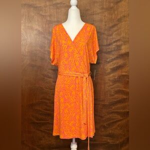 Nine West Leaf Print Mini Wrap Dress Womens XL Pink & Orange Knit Belted A-Line